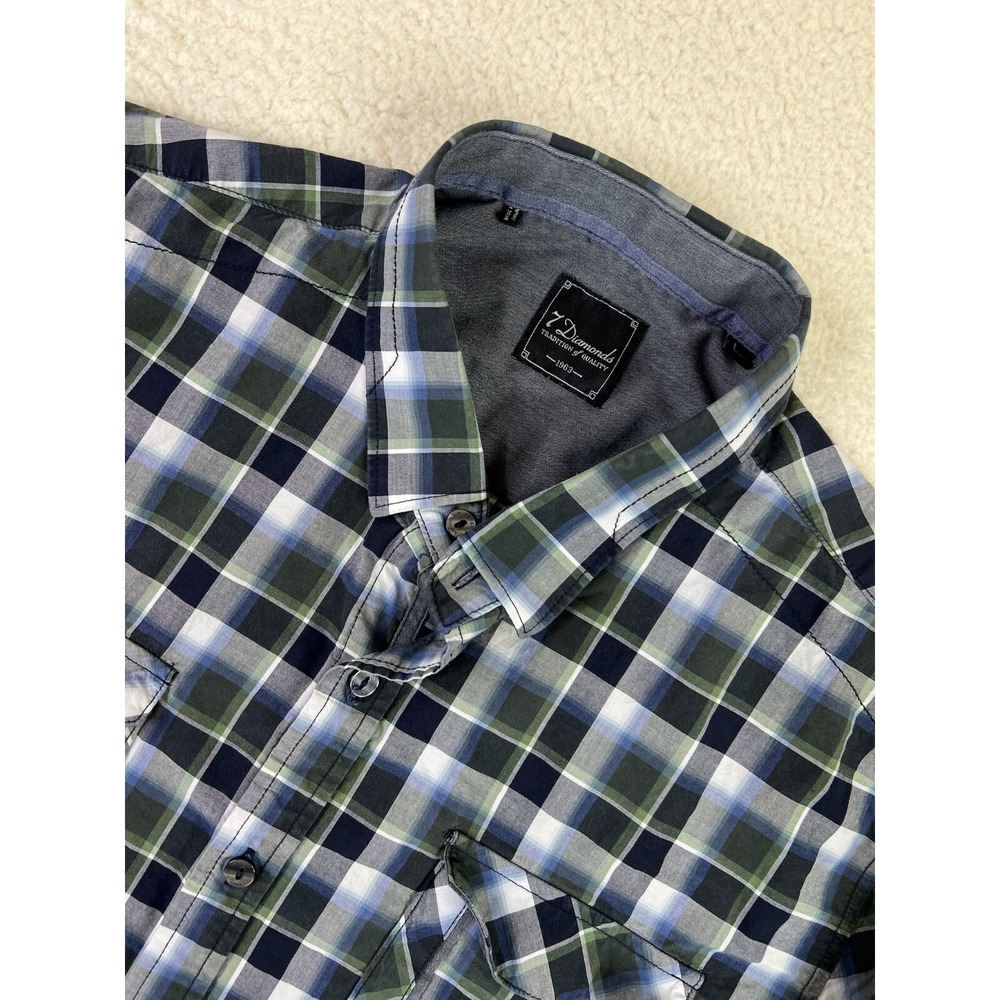 7 Diamonds Shirt Men's Large Gray Plaid Button Up Long Sleeve Cotton Casual